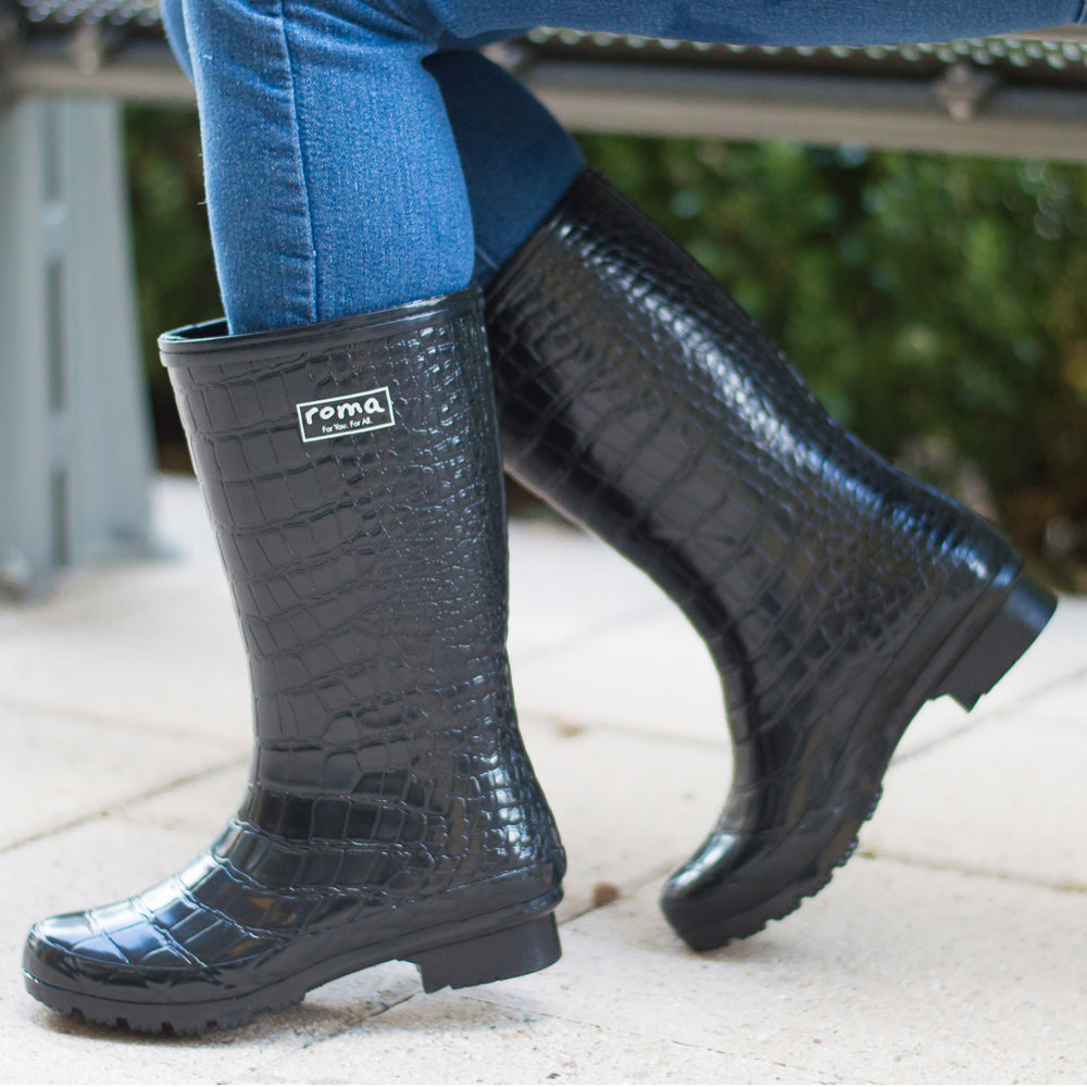 Emma Mid Black Croc Emboss Women's Rain Boots